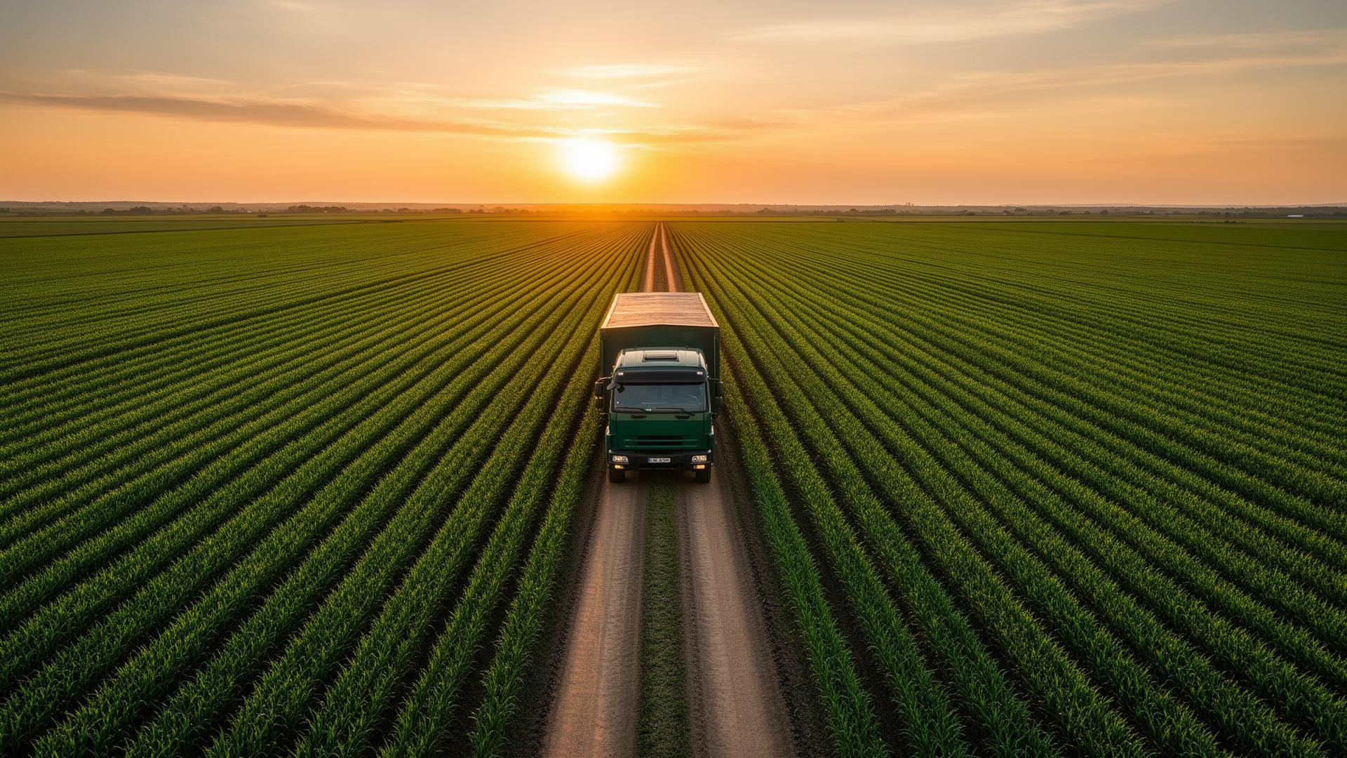 Campos agrícolas ao pôr do sol com caminhão de distribuição